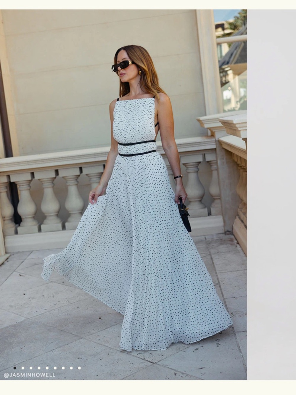 Meshki White Polka Dot Maxi Dress with Black Waist Detail